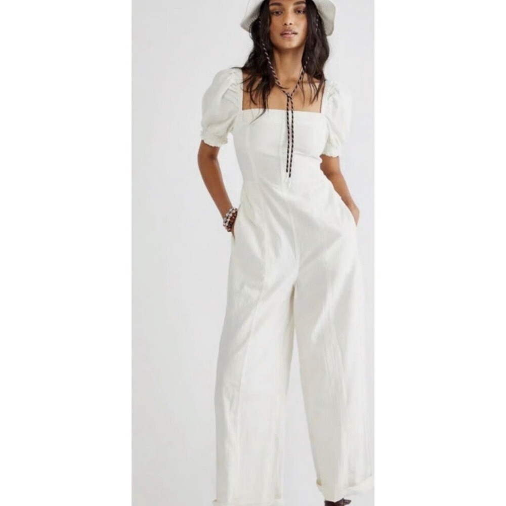 Free People Endless Summer Ivory‎ Puff Sleeve Wide Leg Cotton Jumpsuit Size S